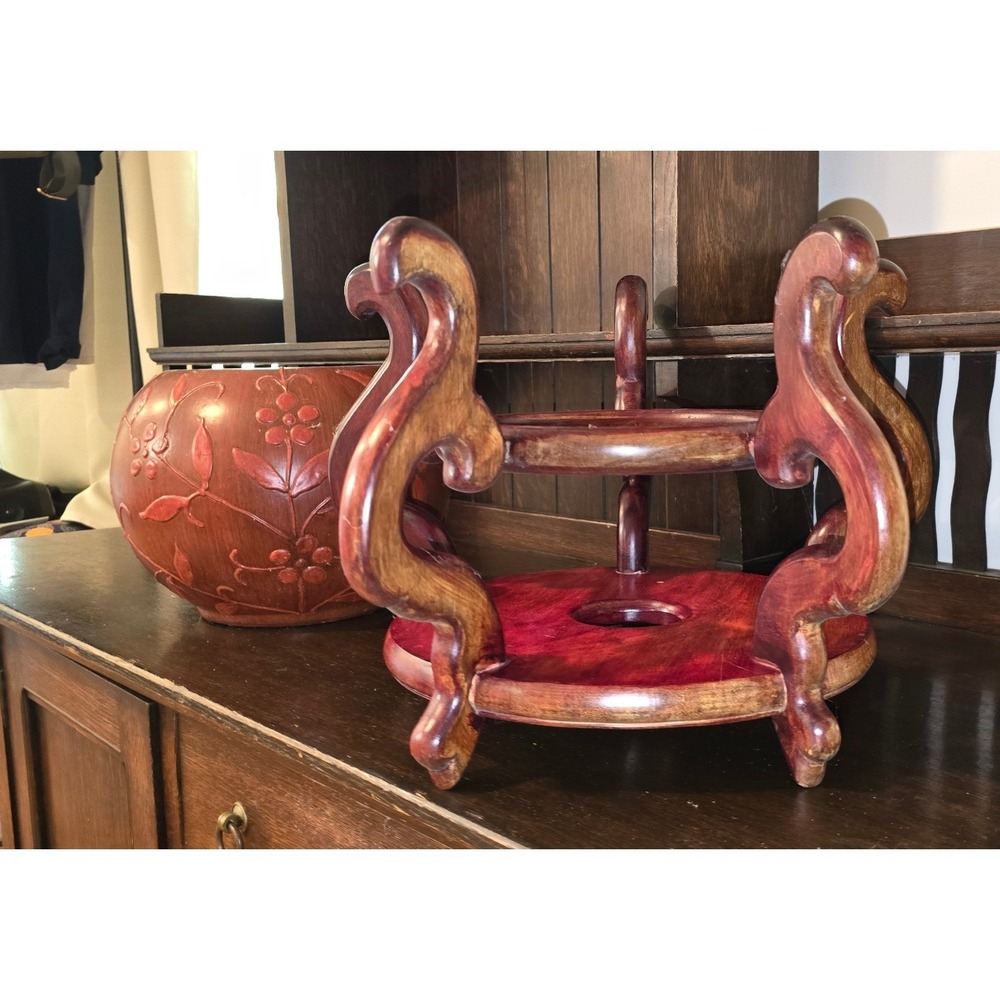 Accent Oriental Carved Floral Red Cinnabar Style Bowl with Footed Wood Stand